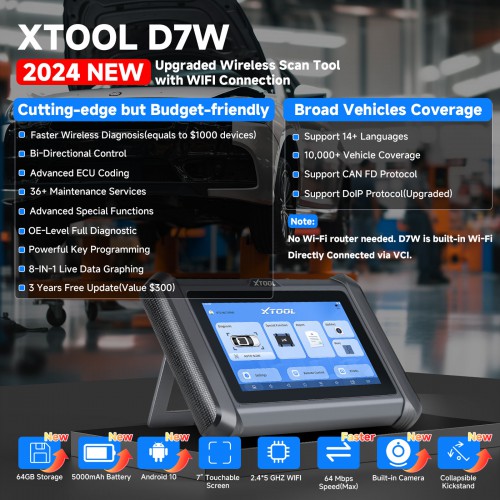 XTOOL D7W Smart WIFI Scanneur ECU Codage Tout Système Diagnostic Clé Programmeur Intégré CAN FD & DOIP 38+ Services