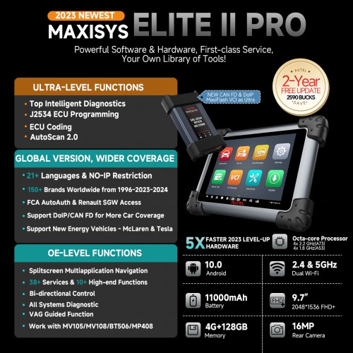 Autel Maxisys Elite2 Elite II Pro Français Full Système OBD2 Diagnostic Scanneur J2534 ECU Codage ECU Programmation