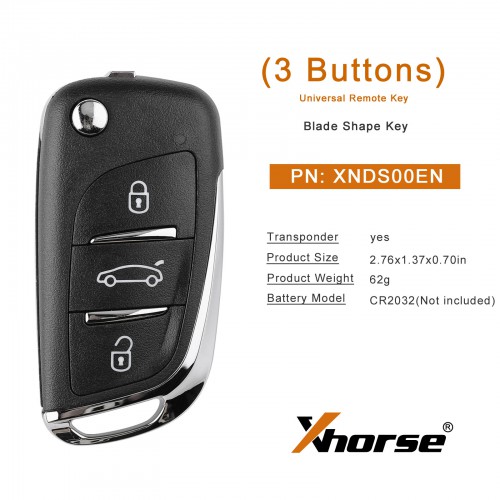 XHORSE XNDS00EN DS Type Wireless Universel Remote Key 3 Boutons XN002 Remote 5pc