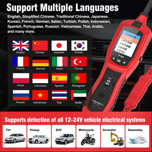 TopDiag P180 for 9-30 Volts Vehicle Electrical System Daignostics Injectors Test Support Cars, Pickups, SUVs, Motorcycles, Excavators, Steamships