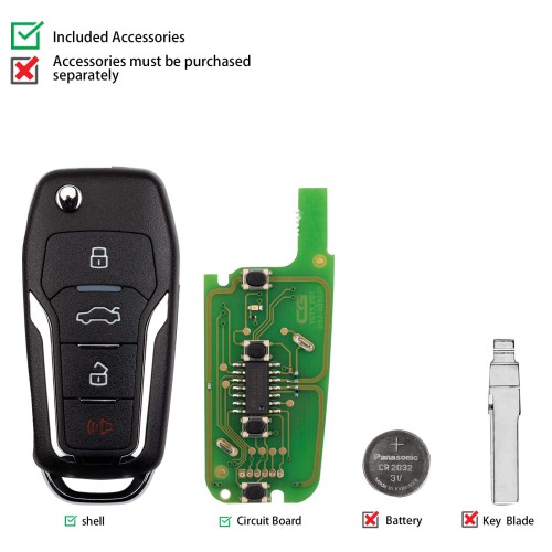 CG A12-3+1 FOR.D Style(Flip-4BTN-Unmovable Key Ring) 4 Buttons Wire Remote Used with CGDl K2 Remote Key Programmer 5PCS