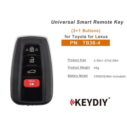 KEYDIY KD TB36-4 for Toyota for Lexus Universal Smart Remote Key 3+1 Buttons With 8A Transponder 5PCS
