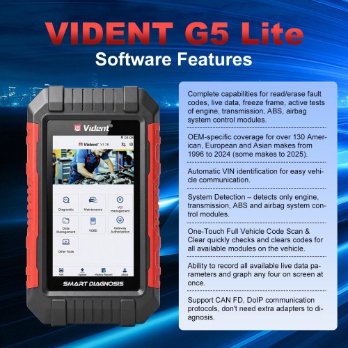 VIDENT G5 Lite Supporte 5 Fonctions Spéciales, Oil Light/Service Reset, EPB, Battery Configuration, Injector Coding, AF, Bluetooth & WIFI