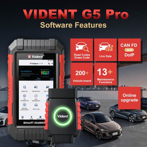 VIDENT G5 Pro Supporte 13 Fonctions Spéciales, CAN FD, DoIP Protocoles, Identification automatique du VIN, Bluettooth & WIFI