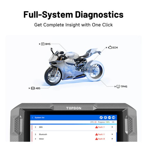 TOPDON UltraDiag Moto 8-inch Wireless Motorcycle Diagnostic Appareil Supporte contrôle bidirectionnel, réinitialisations de maintenance, connectivité